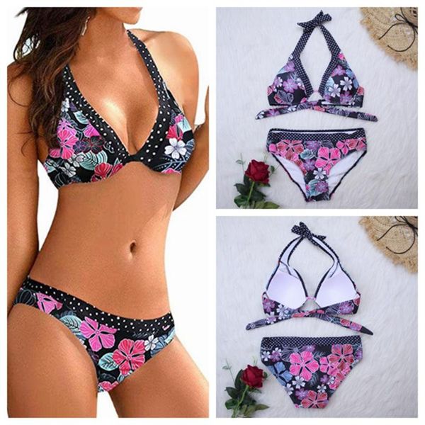 

push up bikini set biquini swimwear women dots floral print swimsuit bathing suit 2020 halter bandage plus size beach s-3xl