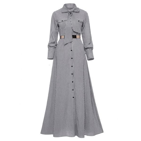 

women long maxi dresses woman clothing women striped maxi dress bowknot long sleeve loose button dress spring pocket elegant a line dress, Black;gray