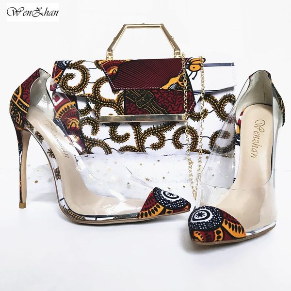 

high heel plastic wax fabric shoes with women bag set ,women shoes pumps with matching clutch bags sets 36-42 selling a95-16, Black