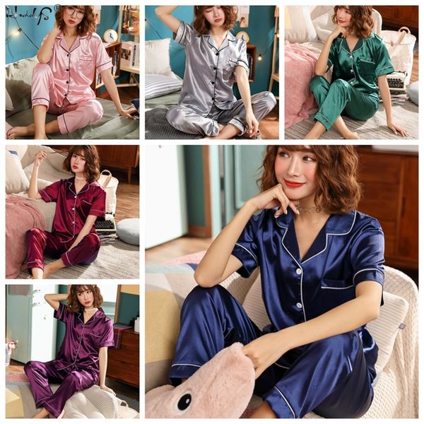 

lingerie women summer pajamas turn-down collar tee& pants two piece sets ladies satin pijama suit pyjama femme night suit, Blue;gray