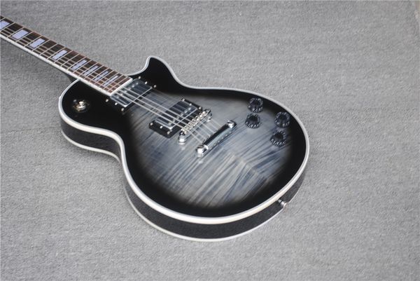 Benutzerdefinierte schwarze E-Gitarre, E-Gitarre mit Tigerahorn-Oberseite, OEM-LP-Gitarre in China, kostenloser Versand