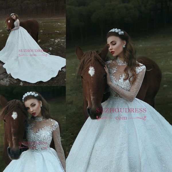 

2019 said mhamad luxury a line beads wedding dresses crystals sequined long illusion sleeves high neck bridal gowns chapel train vestidos