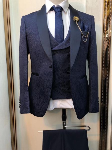 

new arrival men suits navy blue pattern groom tuxedos shawl satin lapel groomsmen wedding man ( jacket+pants+vest+tie ) l416, Black;gray