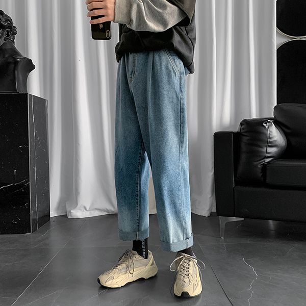 

winter thick jeans men's fashion washed casual jeans pants man streetwear wild hip-hop loose straight denim trousers mens, Blue