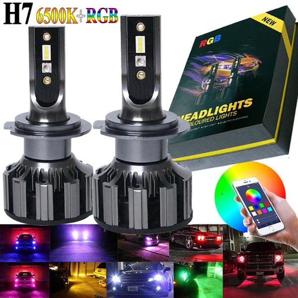 

sale 2pcs h7 8000lm 6500k ip67 80w 12v/24v car led rgb headlight kit app bluetooth intelligent control fog lights bulbs lamp