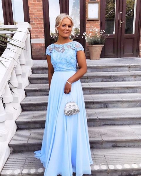 

sky blue long chiffon bridesmaid dresses 2020 lace scoop short sleeves maid of honor wedding guest dress wedding party gowns custom, White;pink