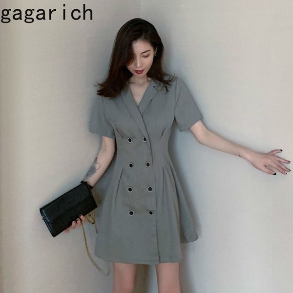 

gagarich work style temperament dress women high waist hip double breast design a line vestido turn down collar short sleeve, Black;gray