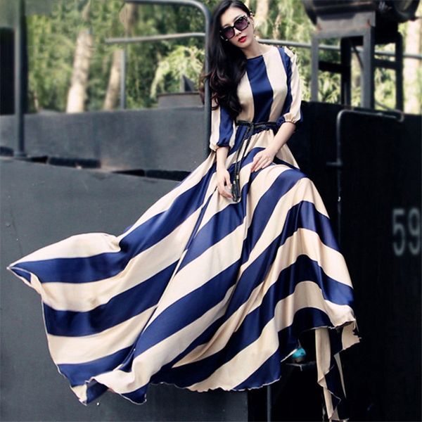 

europe and the united states stripe long chiffon dress large towed dress large yard women's dress s-3xl, White;black