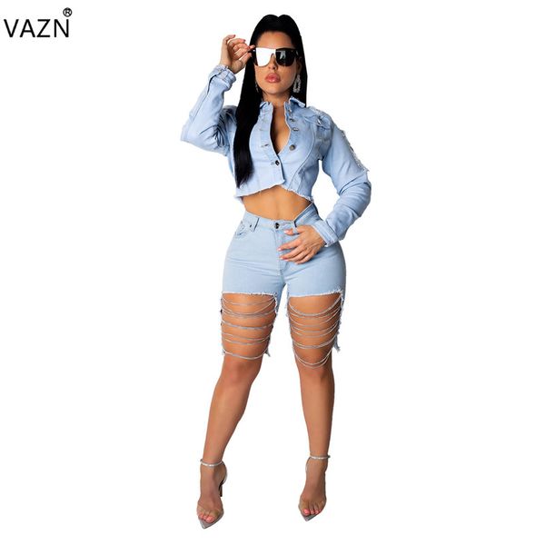 

vazn 2019 new summer novelty fashion women denim pencil pants solid hollow out high street hole half denim pants me237, Blue
