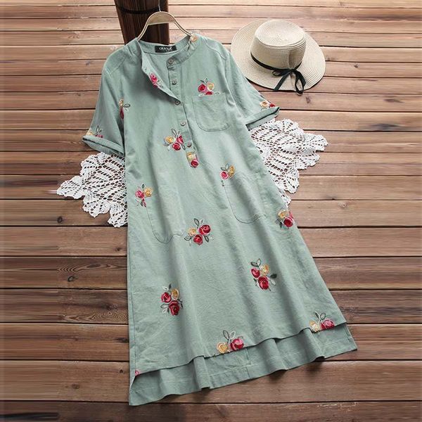 

5xl 2019 summer embroidery long shirt dress casual short sleeve cotton linen loose sundress women vintage party vestido femme, Black;pink