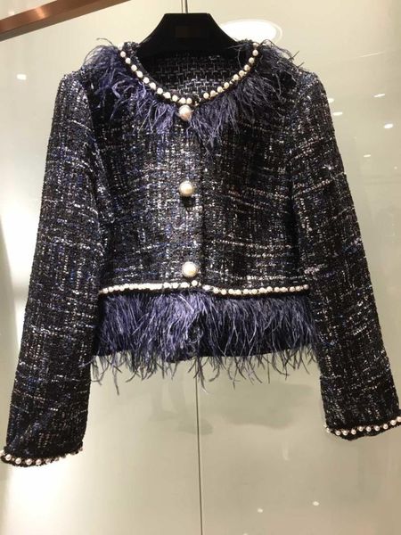 

2019 autumn and winter new women's fashion round neck pearl side ostrich hair tweed coat 0904, Black;brown