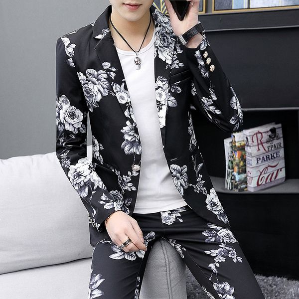 

mens 2 piece suit notched lapel sport coat floral one button slim fit tweed suit, White;black