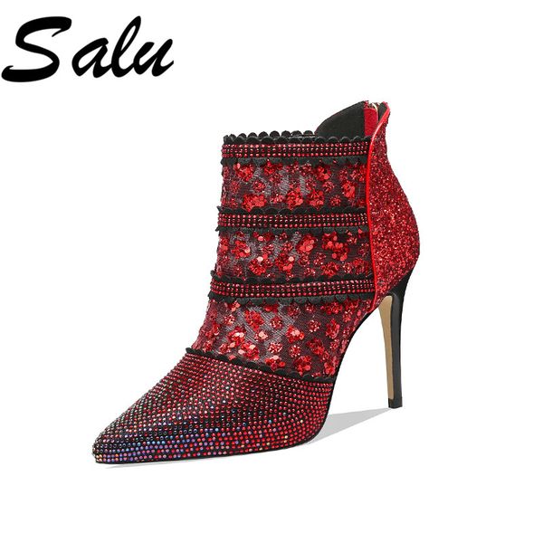 

salu fashion boots women mesh pointed toe party wedding shoes woman thin high heels zipper prom summer boots, Black