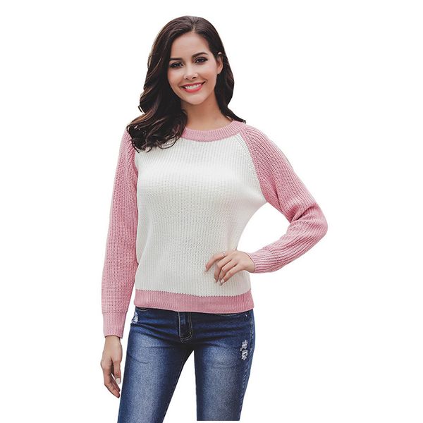 

sweater women casual long sleeve o neck patchwork pullover loose splice knitwear pink sweter sueter mujer invierno 2019, White;black
