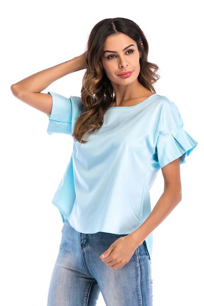 

женщины сладкие оборки с коротким рукавом рубашки летние футболки высокое качество твердые рубашки, White