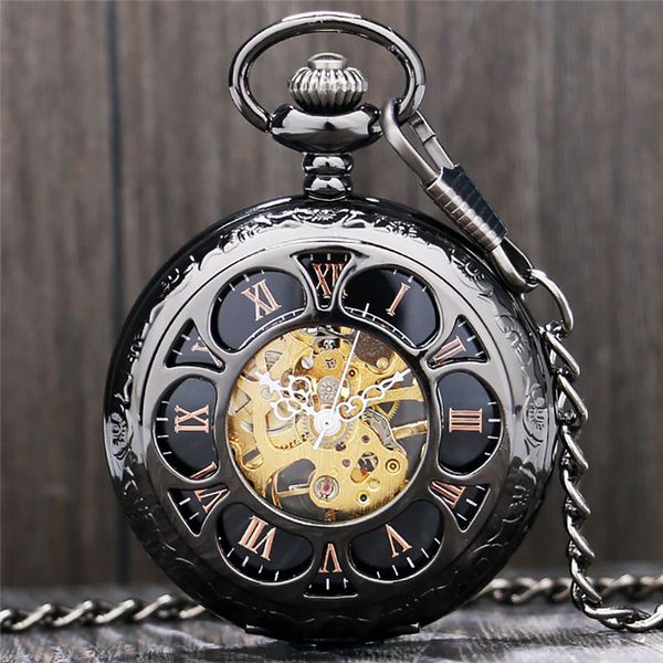 

steampunk black mechanical handwinding pocket watch hollow out flower cover mens womens clock timepiece with pendant chain collection, Slivery;golden
