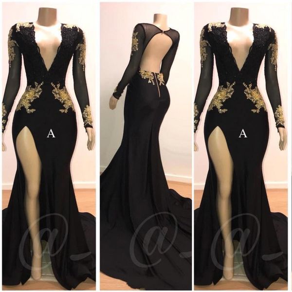 

2020 elegant gold appliques black prom dresses deep v neck mermaid backless long sleeve evening gowns vintage arabic party dress bc0583