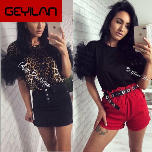 

women summer tulle ruffle short sleeve t shirt ladies loose casual round collar leopard print t shirt new, White