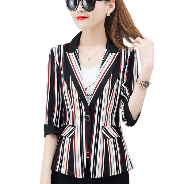 

women's suits & blazers vintage stripe print women blazer elegant office half sleeve ladies work small suit 2021 korean plus size jacke, White;black