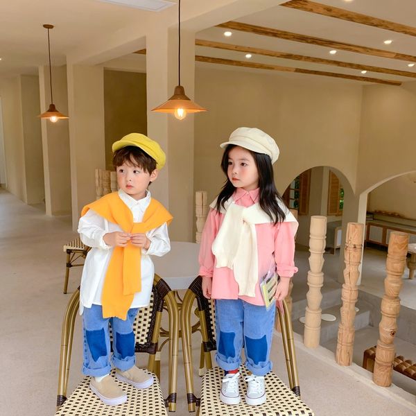 

children's long-sleeved 2020 autumn boys' and girls' solid color shirt baby's medium and long pure cotton shirt, White;black