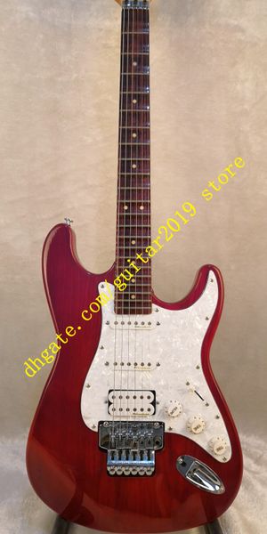 

red electric guitar with pickguard hss pickups rosewood scalloped fretboard light neck with basswood body chrome hardwares