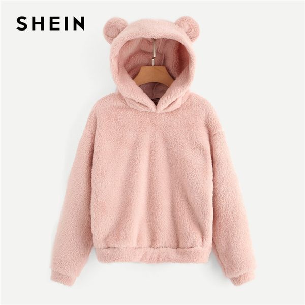 

shein pink preppy lovely with bears ears solid teddy hoodie pullovers sweatshirt autumn women campus casual sweatshirts, Black