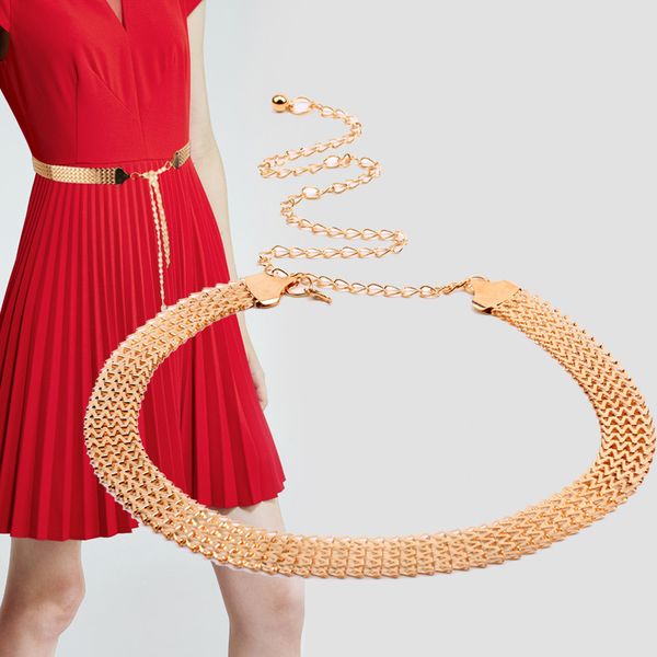 

maxi women's golden alloy wavy braided belt chain, adjustable wide gridle band for women wear with dress, joker fashion belt, Black;brown