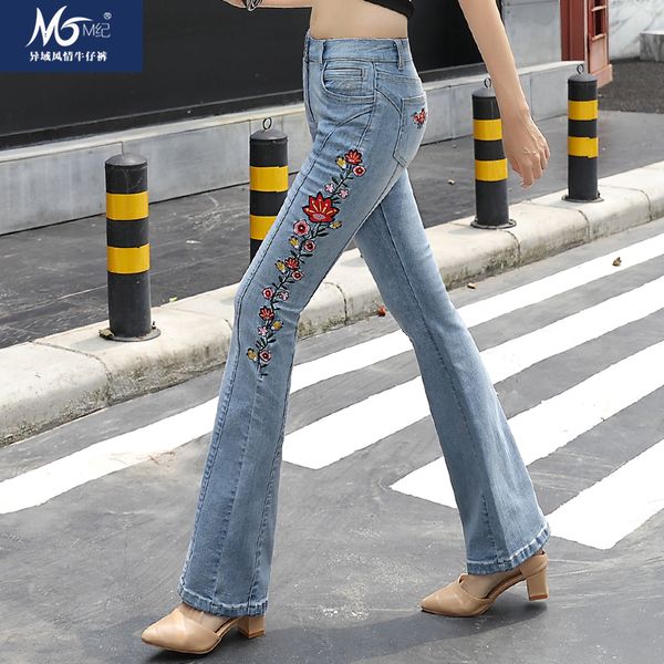 

2020 spring autumn women vintage floral embroidery high waist flare jeans female elastic denim distressed jeans trousers y674, Blue