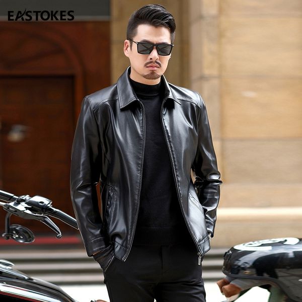 

eastokes autumn winter men's casual zipper pu leather jacket slim leather jacket motorcycle men leisure clothing, Black