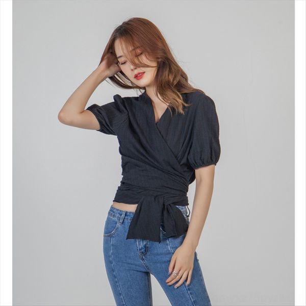 

xi yue designer women's wear 2020 summer waist lace-up v-neck short-sleeved t-shirt xi yue designer women's wear 2020 summer waist, White