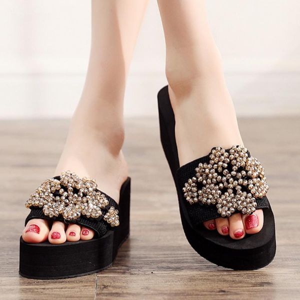 

women's fashion summer sandals beaded casual beach slippers shoes non-slip flat soft shoes outdoor sandal ladies dropshipping, Black