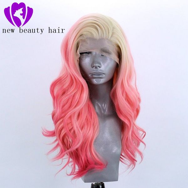 Mode schnelle Lieferung blonde Ombre rosa Seitenteil rechts lange synthetische leimlose vordere Spitzeperücke für schwarze Frau Cosplay Haarperücke