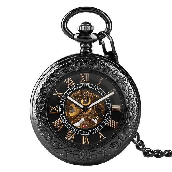 Steampunk Antigo Relógio de Bolso Algarismos Romanos Relógios Mecânicos Automáticos Preto Relógio Esqueleto Masculino Feminino com Pingente Corrente Presente