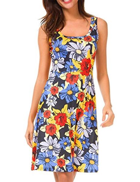 

uget women sleeveless beach dress casual flared floral tank dress, Black;gray