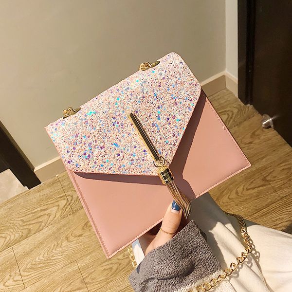

leather chain envelope women tassel sequins bags pu leather shoulder bags cross body purse strap bags for women aomeijiao /1