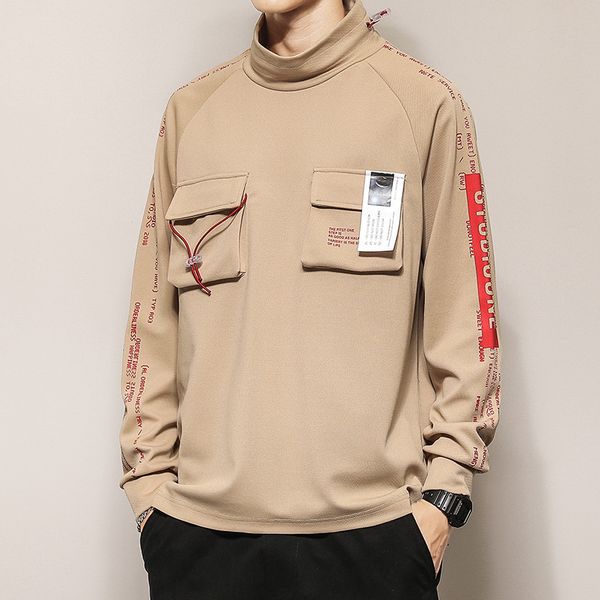 

cotton multi-pocket stand collar hoodie men harajuku casual oversized sweatshirts autumn 2019 hip hop streetwear couple hoodies, Black