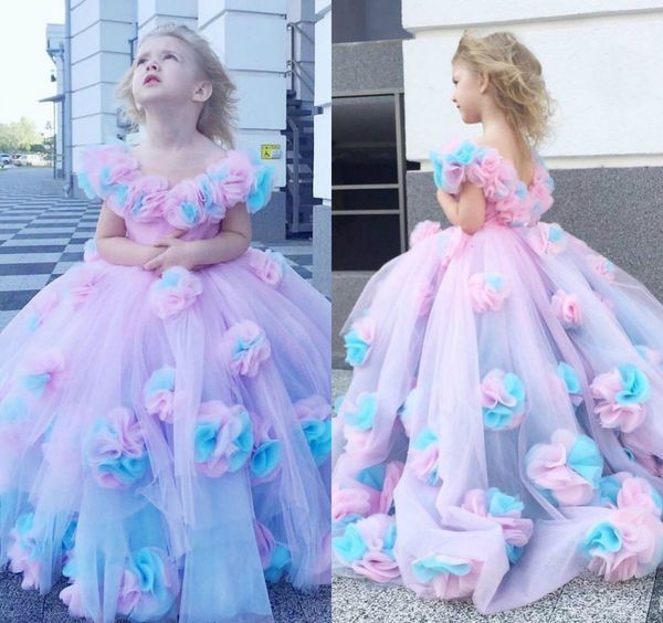 

rainbow ball gown flower girl dresses for wedding 3d flowers girls pageant gowns v neck sweep train tulle first communion dress, White;blue