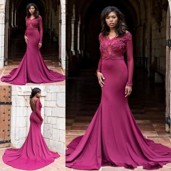 

mermaid prom dresses 2019 illusion lace appliques v-neck open back long sleeves sweep train plus size custom party evening gowns, Black
