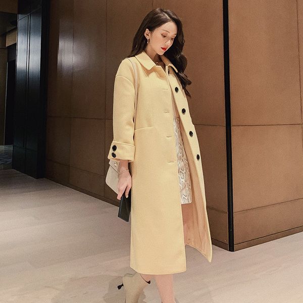 

korean button wool winter coat women long sleeve office lady woolen coats and jackets women plus size xxl blue ladies coats, Black