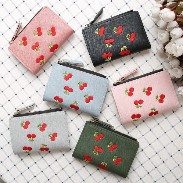 

fashion women girls short wallet small pu leather cherry embroidery coin purse card holders lady girl mini money bag, Red;black