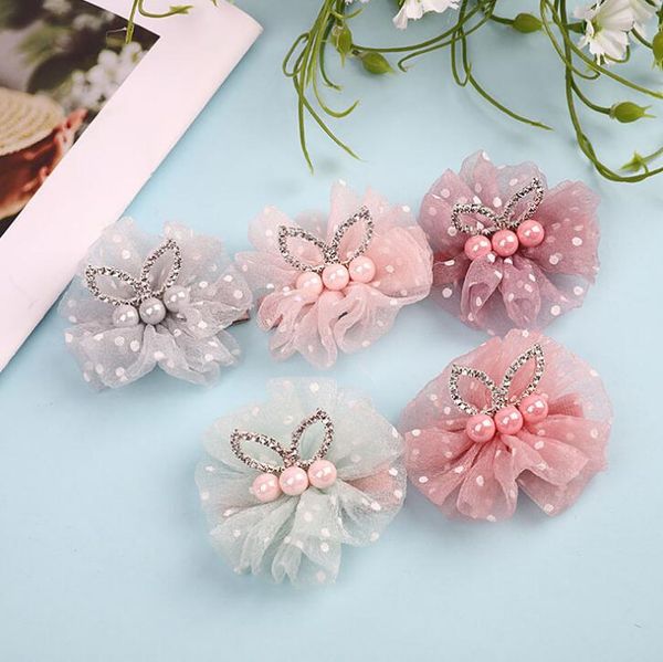 

baby girls barrette kids cute dots net yarn rhinestone crown bunny ear barrettes children hairpins hair clip hair accessory a279, Slivery;white