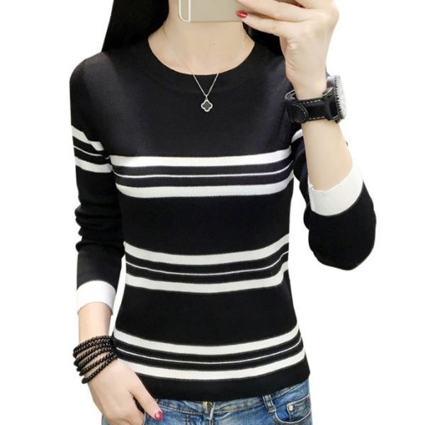 

women autumn spring sweater stripes print loose long sleeved round collar casual sshort slim, White;black