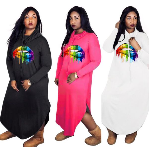 

digital printed womens designer dresses high collar long sleeve women casual split dresses new female apparel, Black;gray