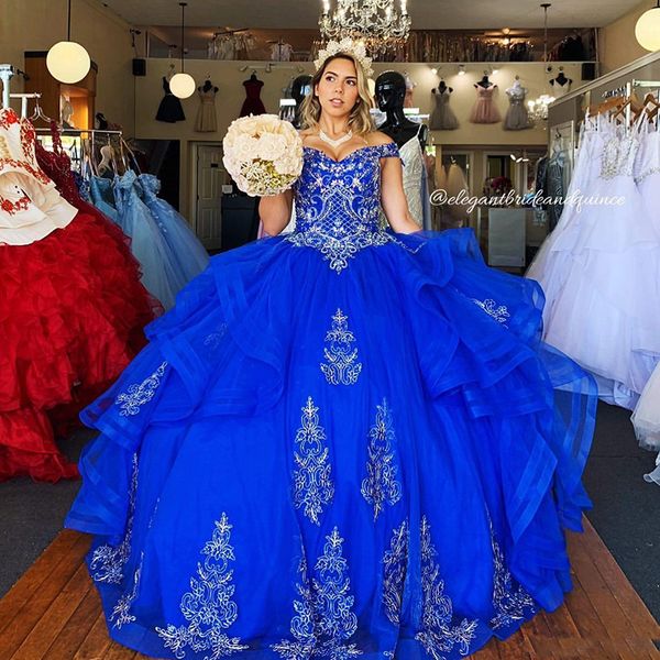 

royal blue beaded crystals off the shoulder quinceanera prom dresses sweetheart lace ball gown tulle evening party sweet 16 dress, Blue;red