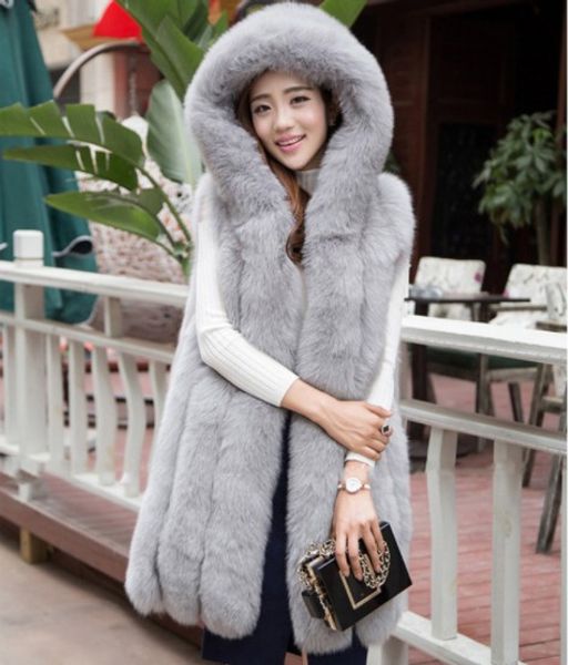 

2019 vetement winter women's coat faux fur vest plus size hooded faux fur collar coat slim long furry furry vest aw327, Black
