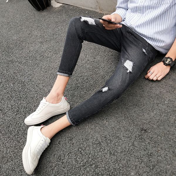 

2019 весна-лето мужчины с дыры джинсы корейском стиле trend slim-fit брюки тощий capri моды брюки мужские, Blue