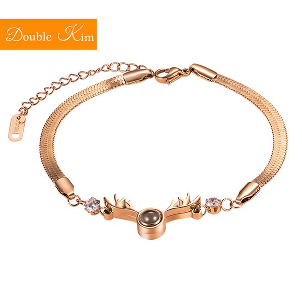 

100 languages i love you projection deer bracelet titanium stainless steel material bangles rose gold color women jewelry gift, Black