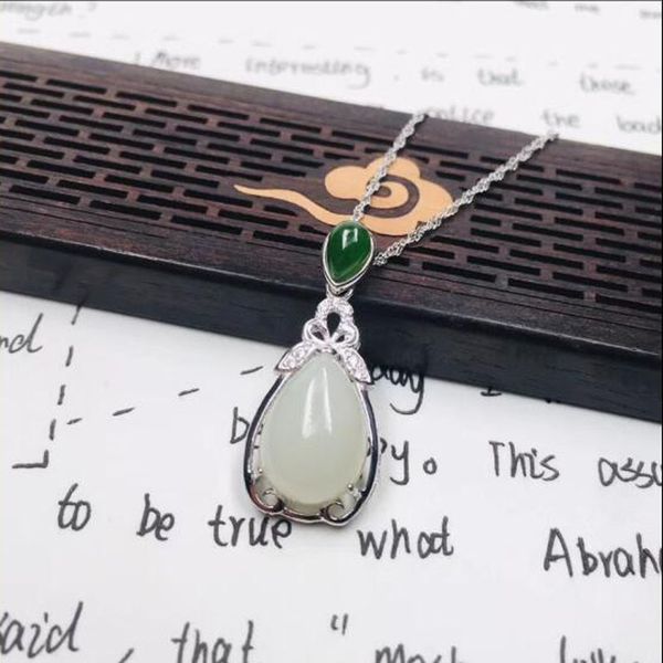 

real 925 silver natural hetian white jade inlaid water drop lady clavicle pendant wholesale