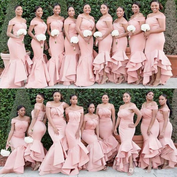 

Pink Mermaid Bridesmaid Dresses 2019 Newest Off Shoulder African Arabic Ruffles Plus Size Wedding Guest Dresses Prom Party Gowns Custom Made