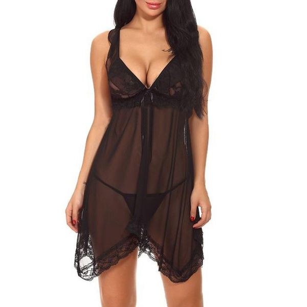 

women summer backless sleeveless mesh babydoll see-through sleepwear lingerie lace casual night dress, Black;white